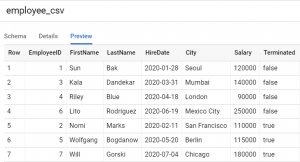 BigQuery Create Table using CSV - Sample Output