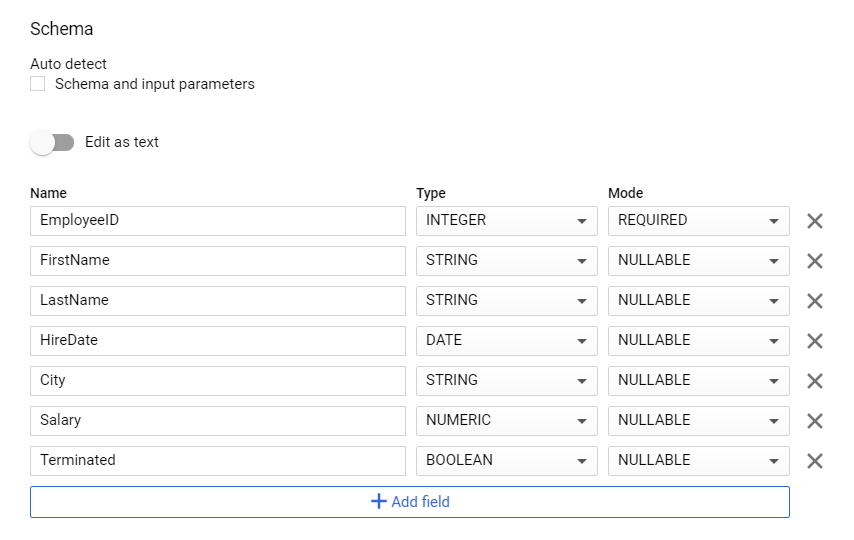 BigQuery Create Table Schema Sample